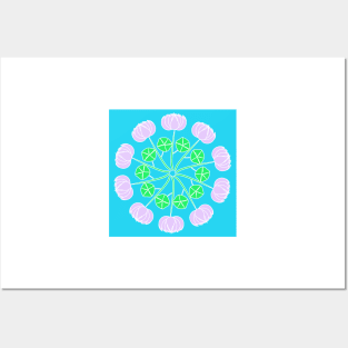 Pink flowers in a circle on blue background Posters and Art